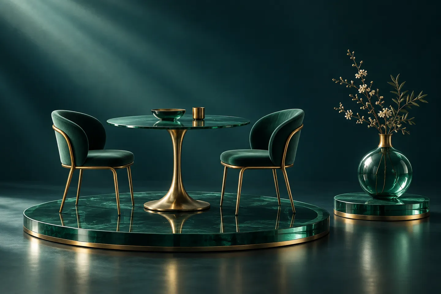 A dining table and two chairs share a glass platform while a vase stands on a separate platform.