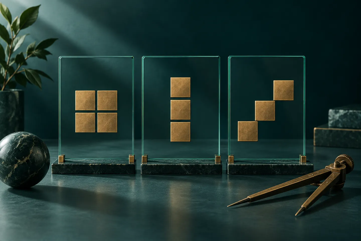 Three glass comparison panels hold brass squares in different arrangements beside a measuring divider.