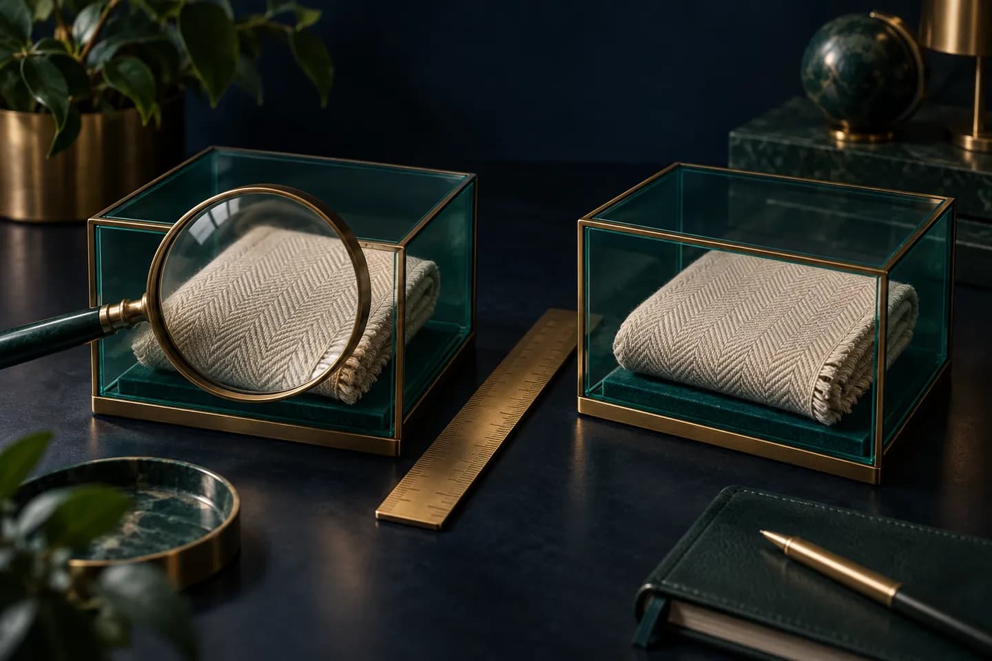 Two glass display boxes hold folded fabric beside a brass rule, with a magnifier over one sample.